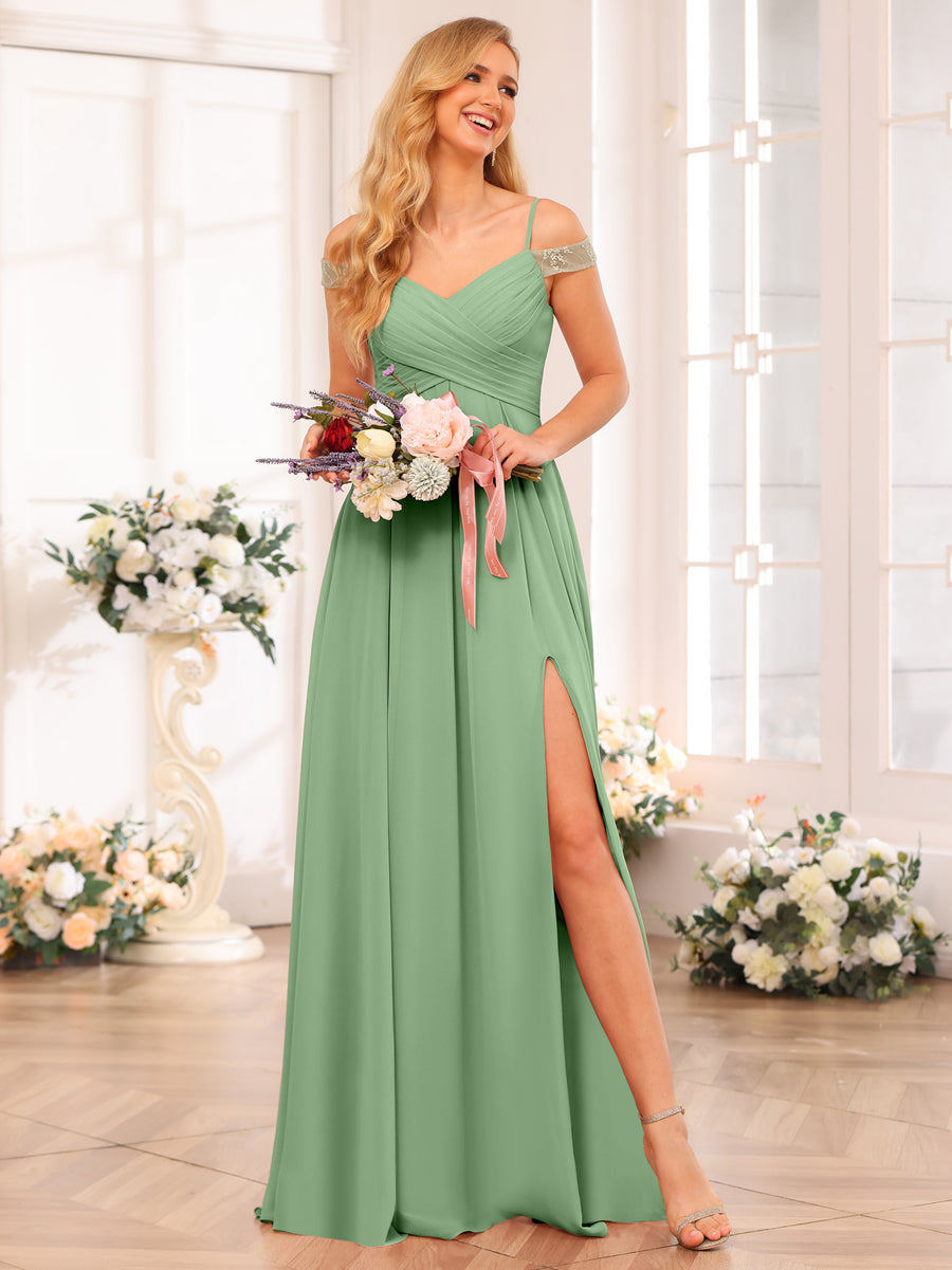 A-Line/Princess Spaghetti Straps Long Wedding Party Dresses with Split Side & Pockets Dusty Sage