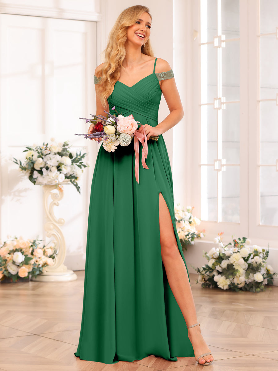A-Line/Princess Spaghetti Straps Long Wedding Party Dresses with Split Side & Pockets Emerald
