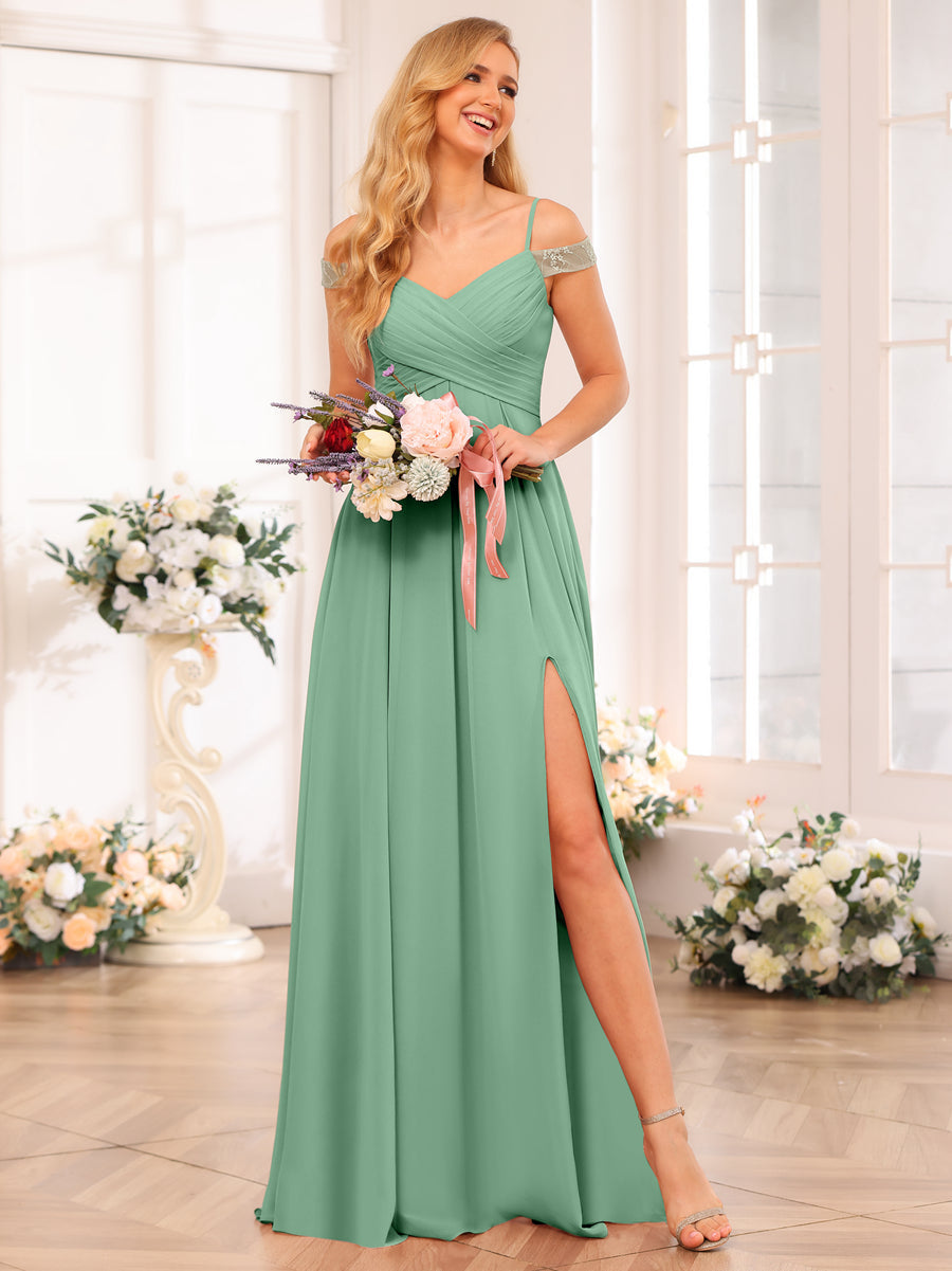 A-Line/Princess Spaghetti Straps Long Wedding Party Dresses with Split Side & Pockets Eucalyptus