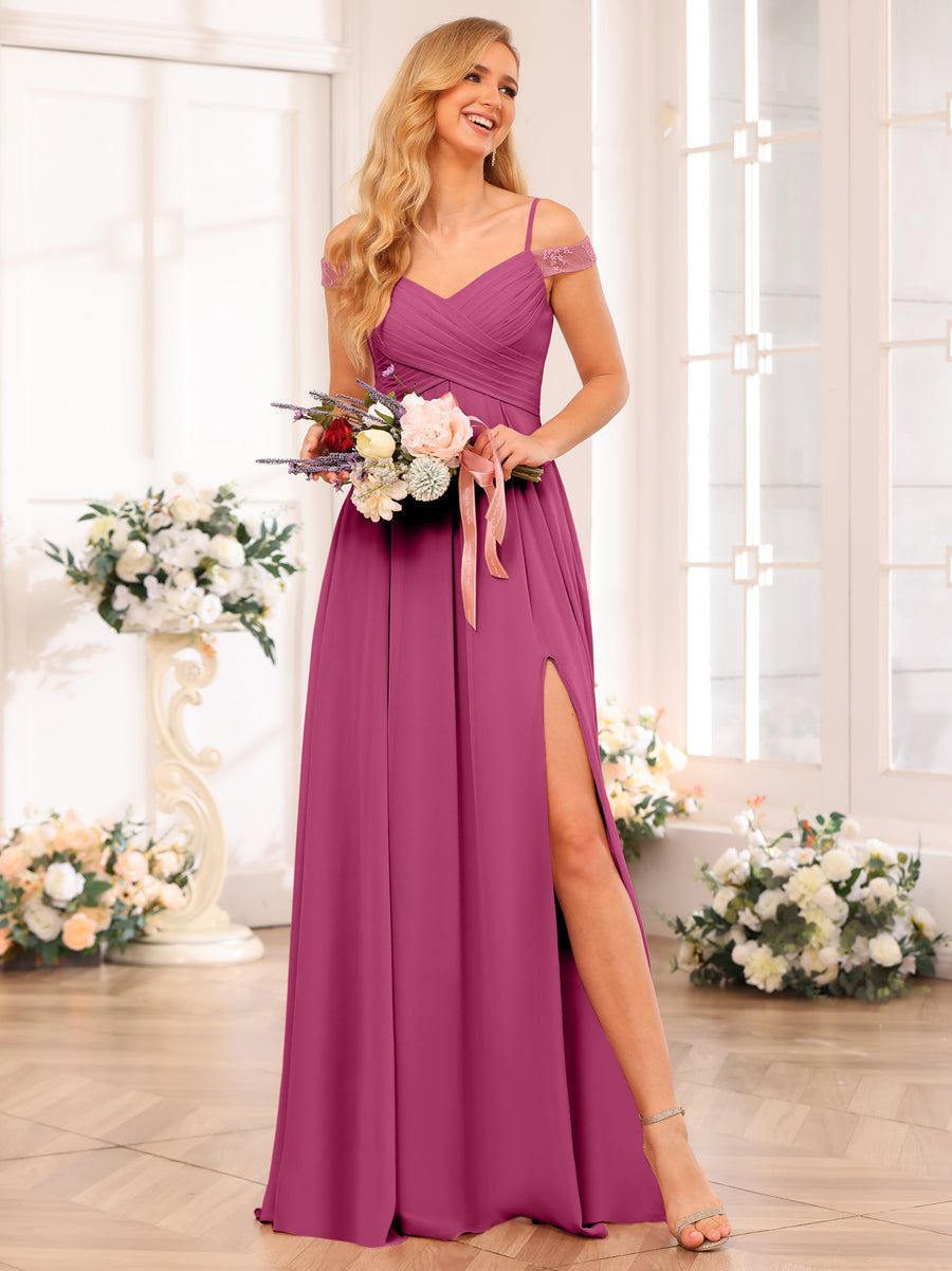 A-Line/Princess Spaghetti Straps Long Wedding Party Dresses with Split Side & Pockets Fuchsia