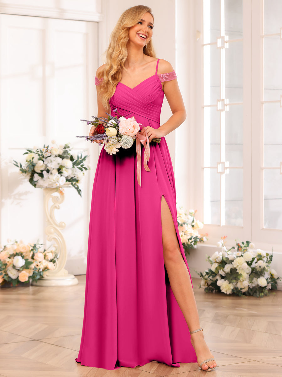 A-Line/Princess Spaghetti Straps Long Wedding Party Dresses with Split Side & Pockets Fuchsia Pink