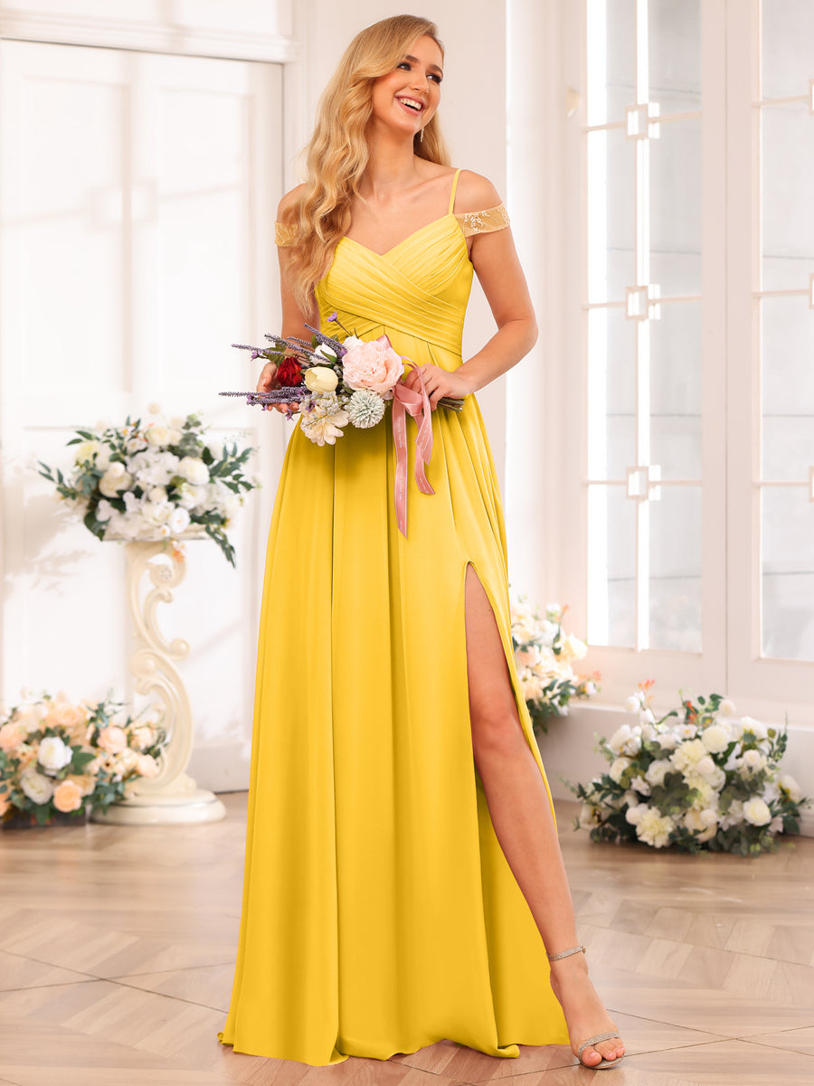 A-Line/Princess Spaghetti Straps Long Wedding Party Dresses with Split Side & Pockets Gold