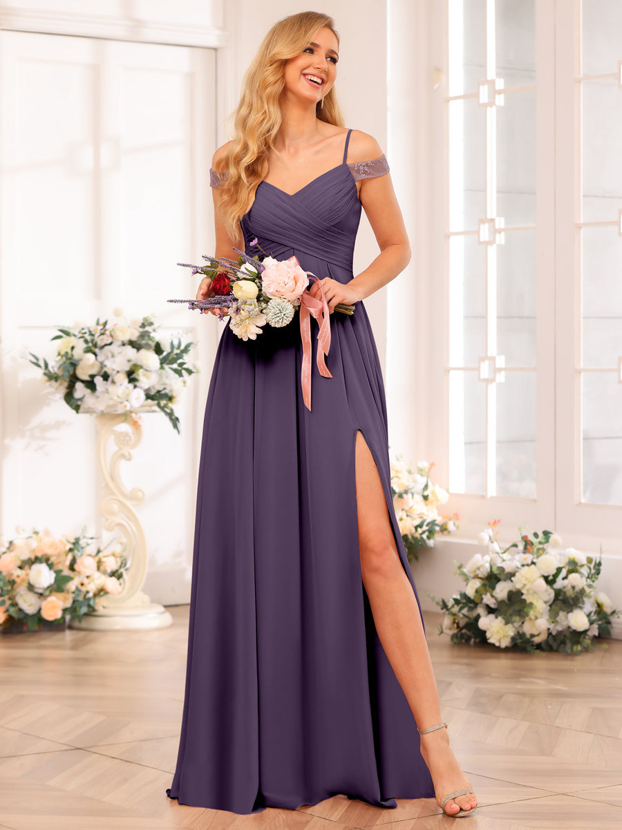 A-Line/Princess Spaghetti Straps Long Wedding Party Dresses with Split Side & Pockets Grape