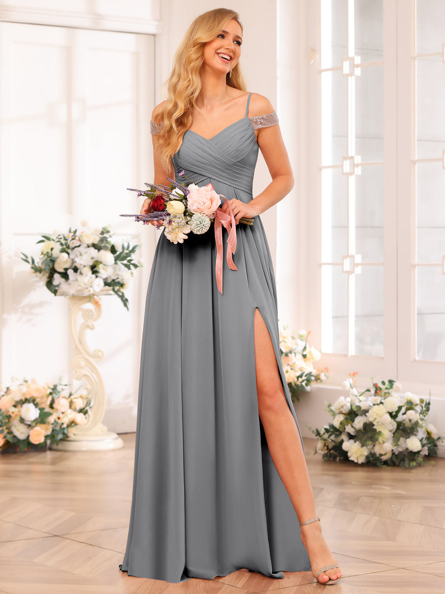 A-Line/Princess Spaghetti Straps Long Wedding Party Dresses with Split Side & Pockets Gray