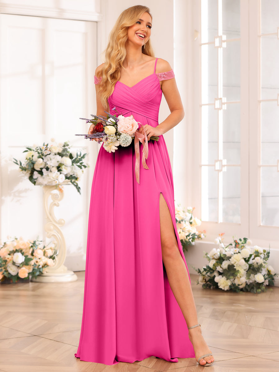 A-Line/Princess Spaghetti Straps Long Wedding Party Dresses with Split Side & Pockets Hot Pink