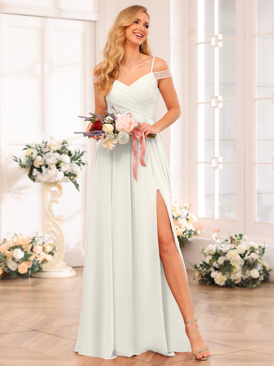 A-Line/Princess Spaghetti Straps Long Wedding Party Dresses with Split Side & Pockets Ivory