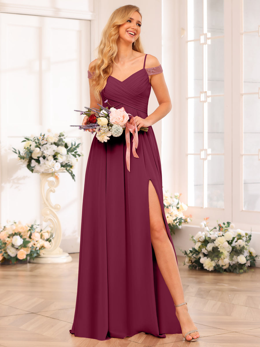 A-Line/Princess Spaghetti Straps Long Wedding Party Dresses with Split Side & Pockets Light Burgundy