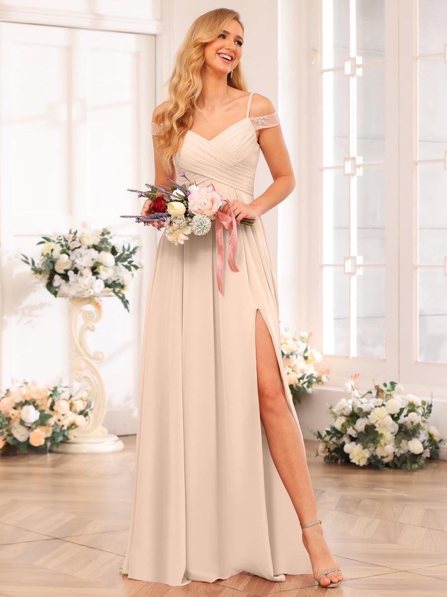 A-Line/Princess Spaghetti Straps Long Wedding Party Dresses with Split Side & Pockets Light Champagne