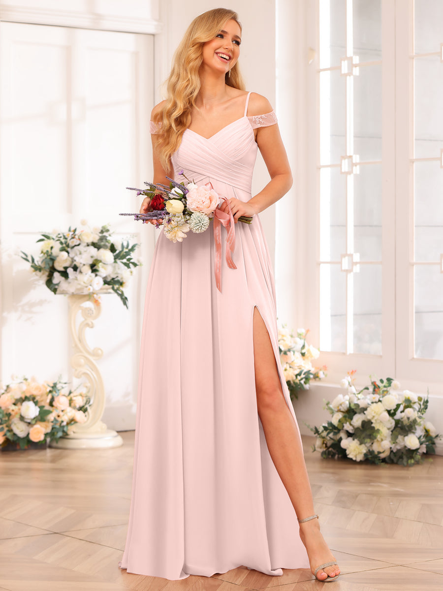 A-Line/Princess Spaghetti Straps Long Wedding Party Dresses with Split Side & Pockets Light Pink