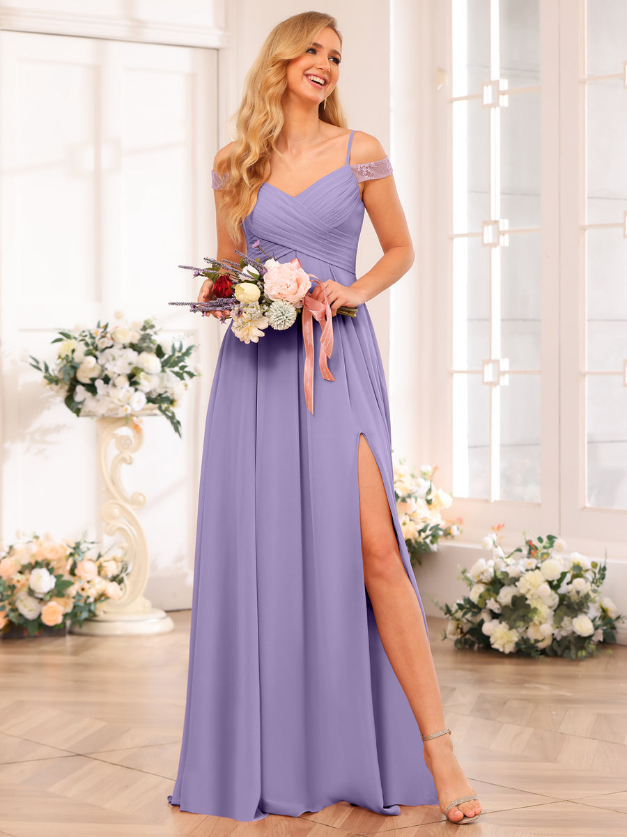A-Line/Princess Spaghetti Straps Long Wedding Party Dresses with Split Side & Pockets Light Purple