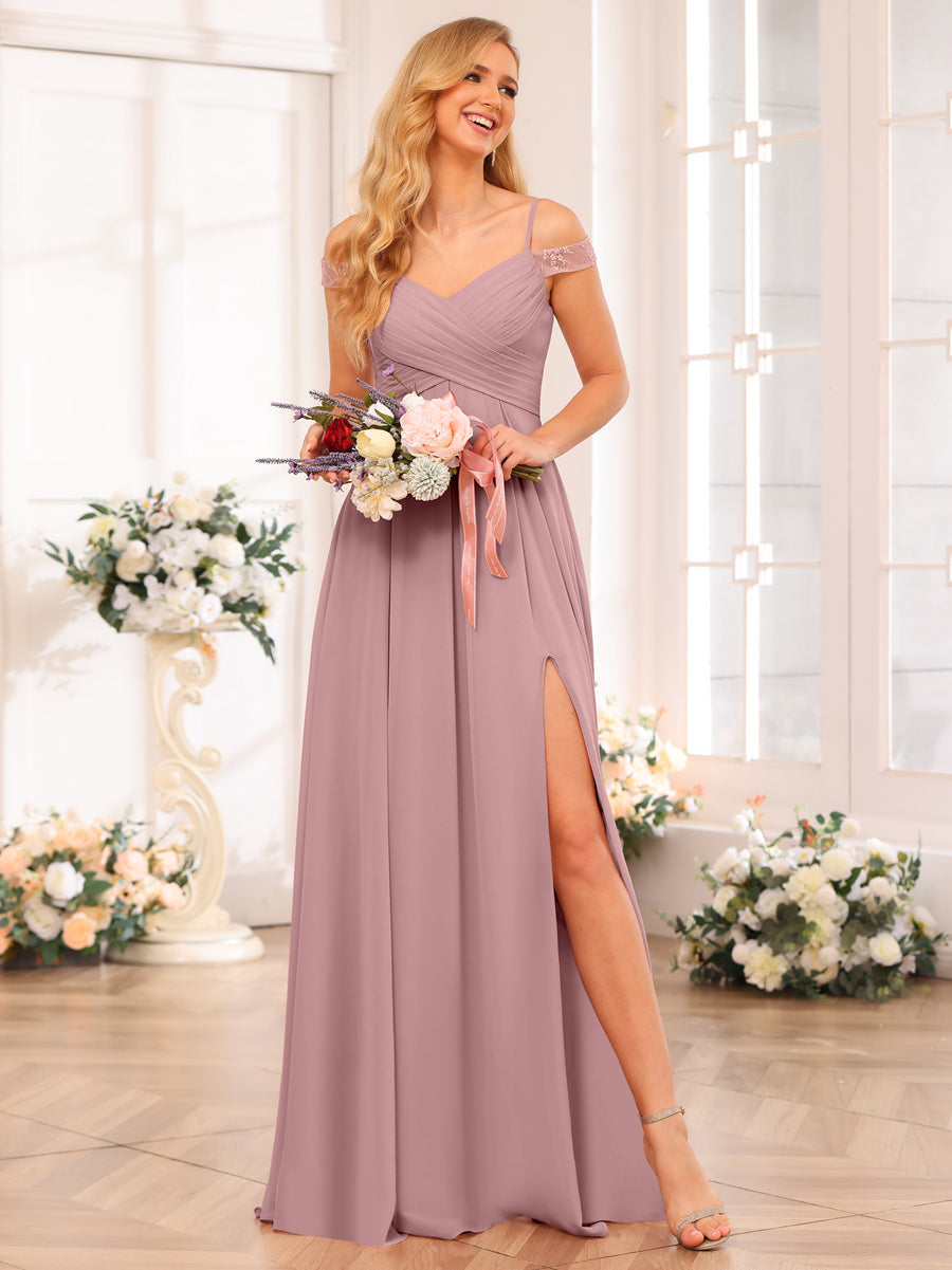 A-Line/Princess Spaghetti Straps Long Wedding Party Dresses with Split Side & Pockets Mauve
