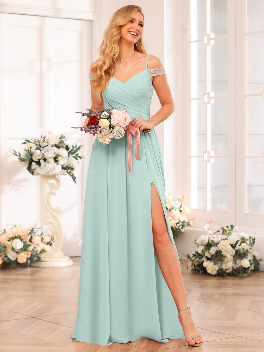 A-Line/Princess Spaghetti Straps Long Wedding Party Dresses with Split Side & Pockets Mist Blue