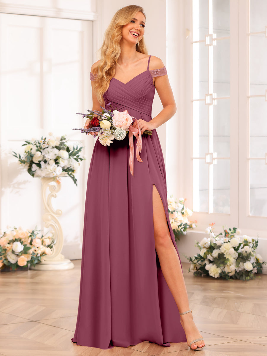 A-Line/Princess Spaghetti Straps Long Wedding Party Dresses with Split Side & Pockets Mulberry