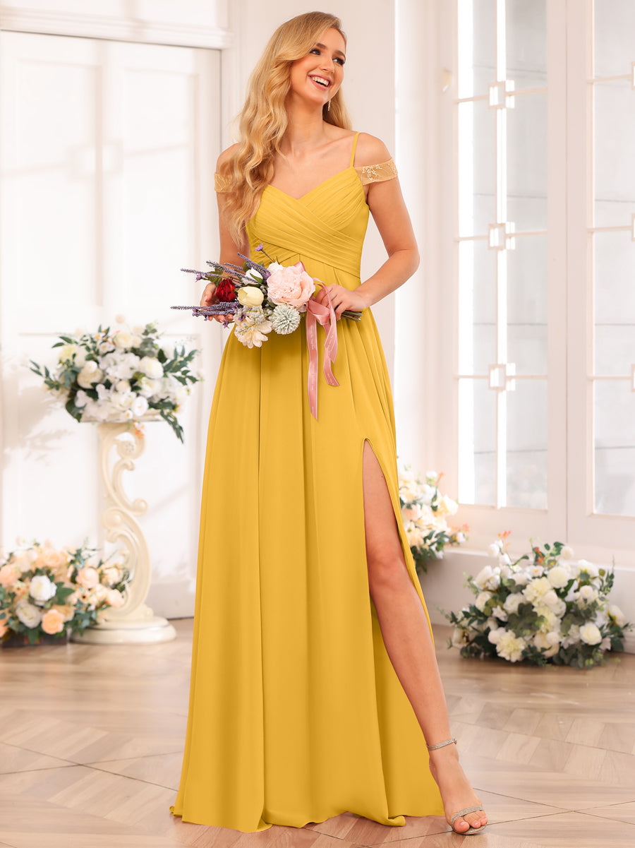 A-Line/Princess Spaghetti Straps Long Wedding Party Dresses with Split Side & Pockets Mustard Yellow