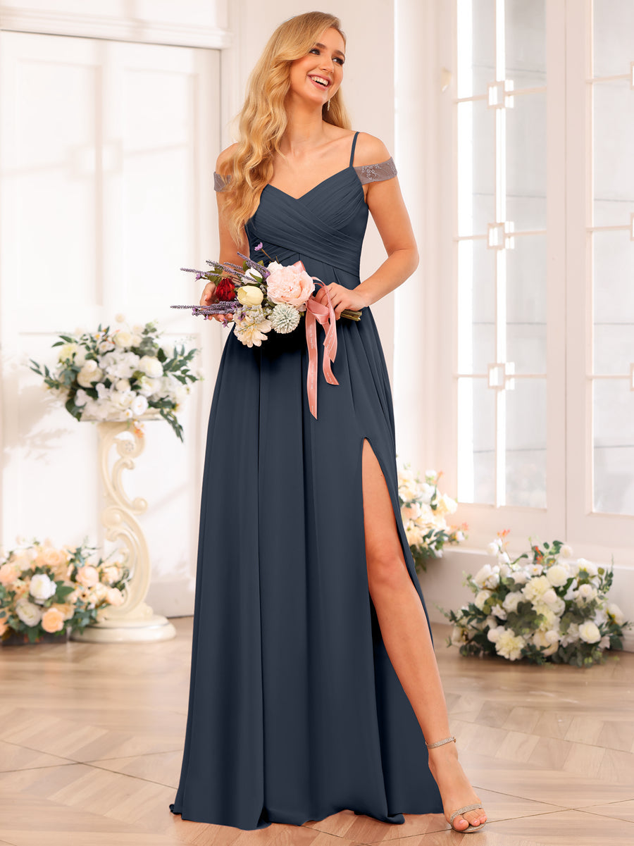A-Line/Princess Spaghetti Straps Long Wedding Party Dresses with Split Side & Pockets Navy Blue