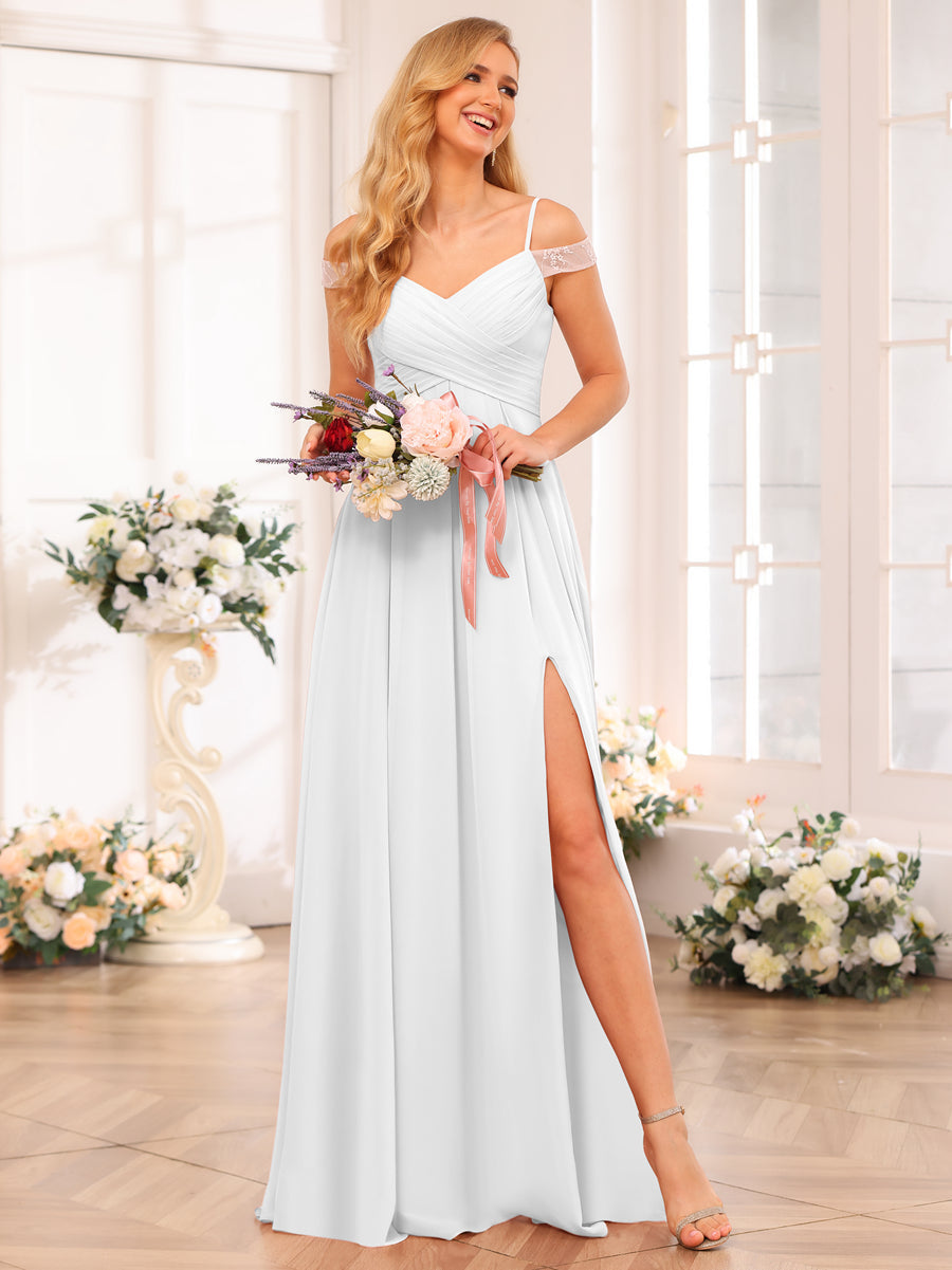 A-Line/Princess Spaghetti Straps Long Wedding Party Dresses with Split Side & Pockets Off White