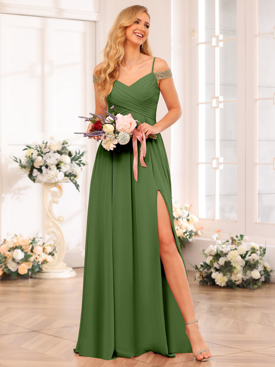 A-Line/Princess Spaghetti Straps Long Wedding Party Dresses with Split Side & Pockets Olive Green