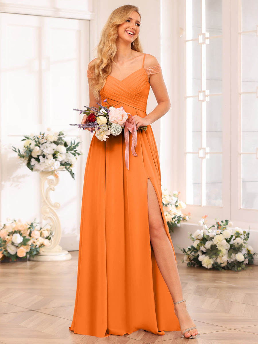 A-Line/Princess Spaghetti Straps Long Wedding Party Dresses with Split Side & Pockets Orange