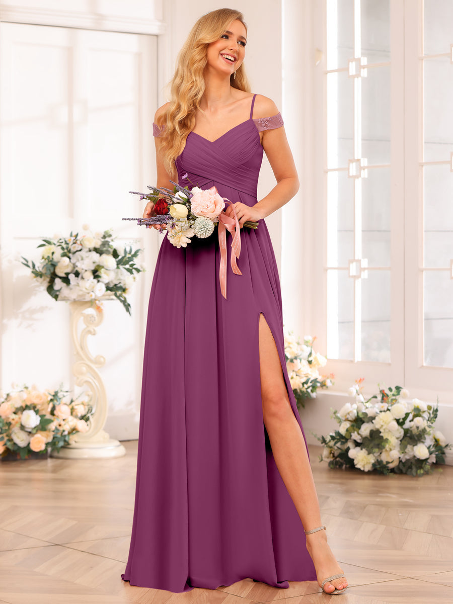 A-Line/Princess Spaghetti Straps Long Wedding Party Dresses with Split Side & Pockets Orchid