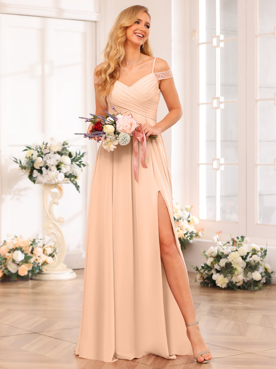 A-Line/Princess Spaghetti Straps Long Wedding Party Dresses with Split Side & Pockets Peach Pink