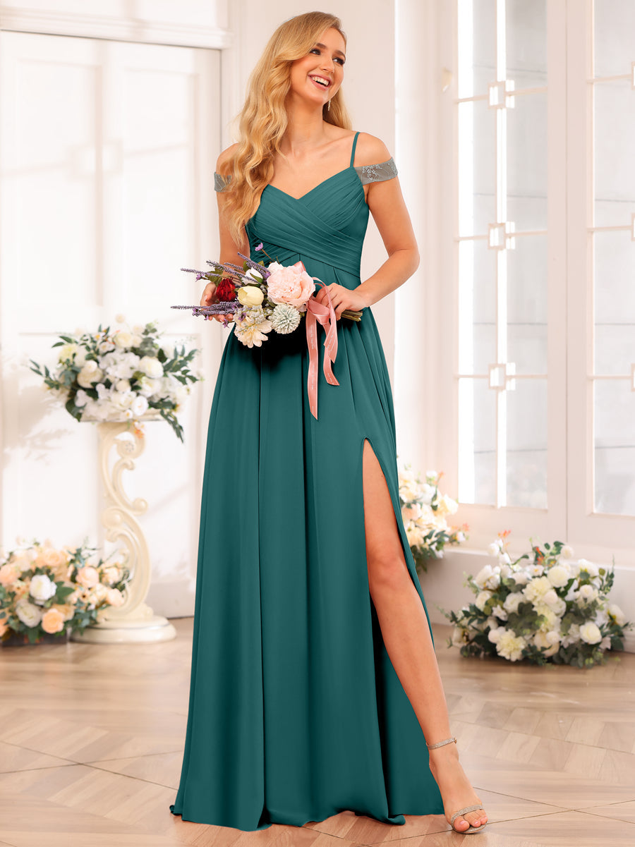 A-Line/Princess Spaghetti Straps Long Wedding Party Dresses with Split Side & Pockets Peacock