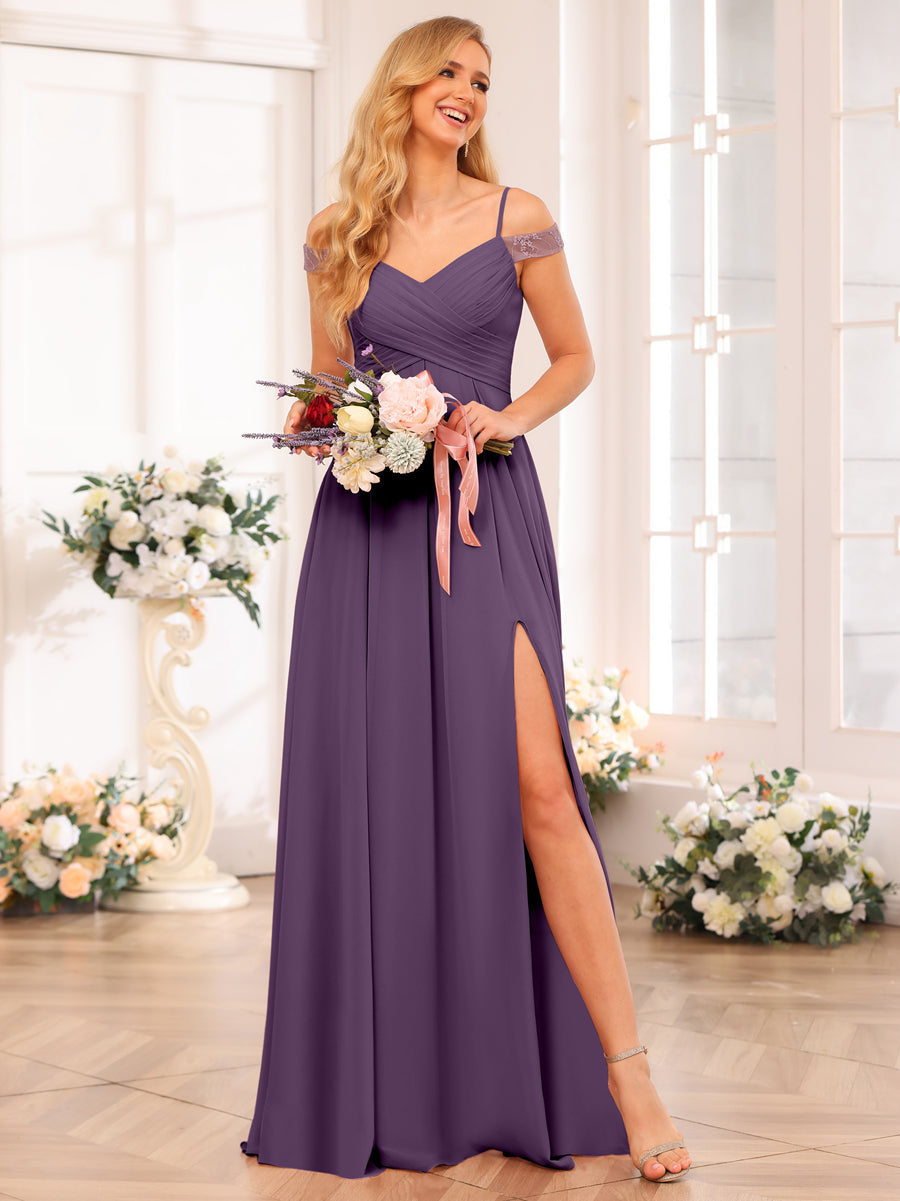 A-Line/Princess Spaghetti Straps Long Wedding Party Dresses with Split Side & Pockets Plum