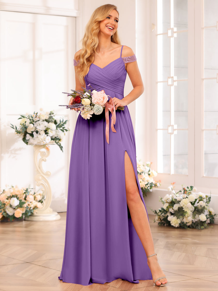 A-Line/Princess Spaghetti Straps Long Wedding Party Dresses with Split Side & Pockets Purple