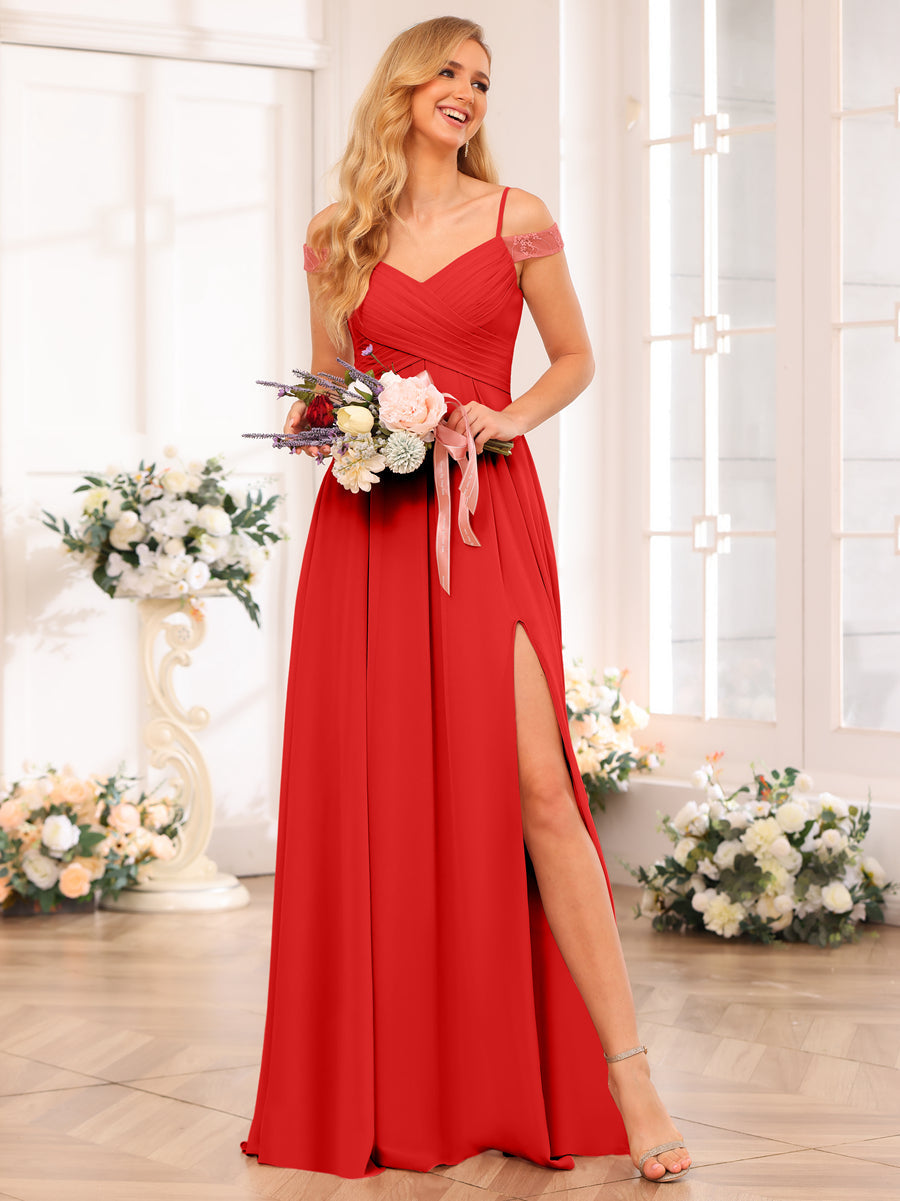 A-Line/Princess Spaghetti Straps Long Wedding Party Dresses with Split Side & Pockets Red