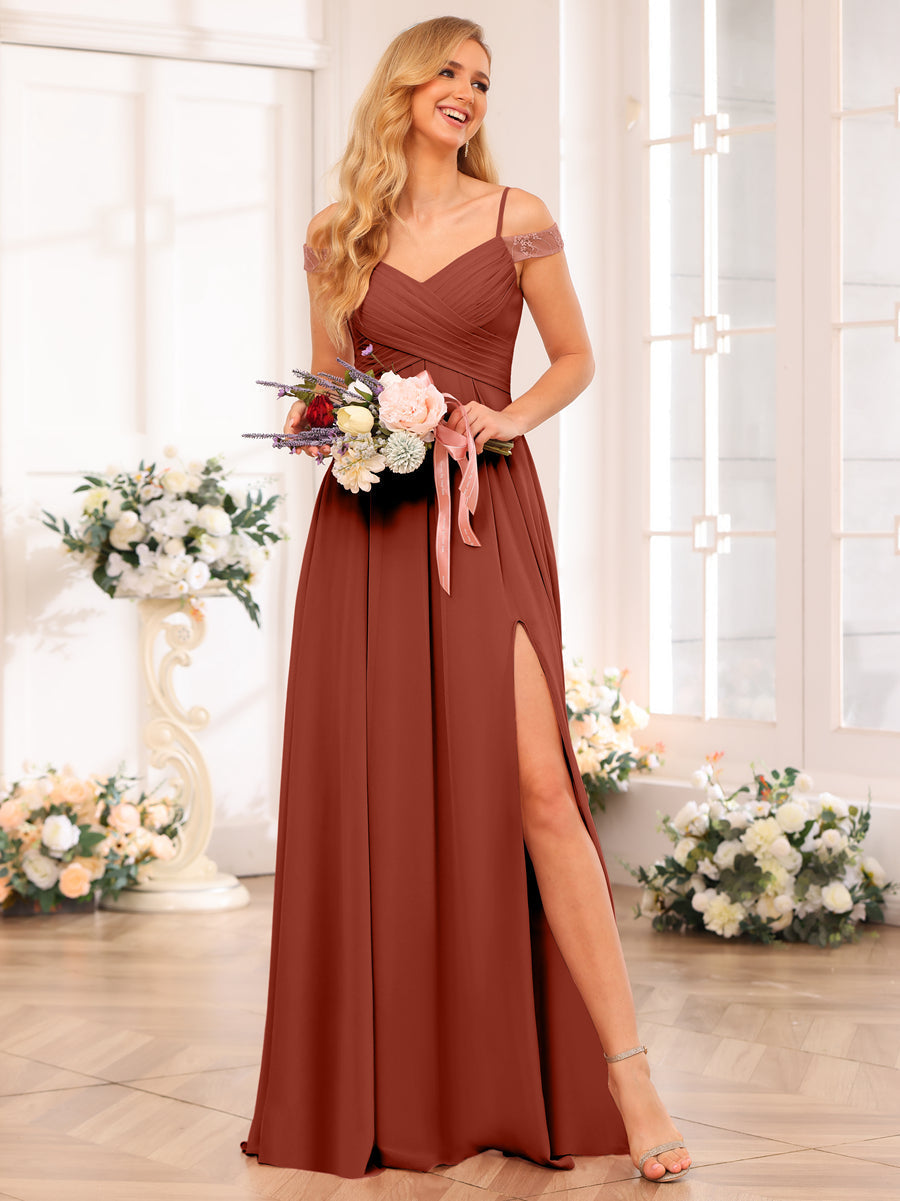 A-Line/Princess Spaghetti Straps Long Wedding Party Dresses with Split Side & Pockets Rust