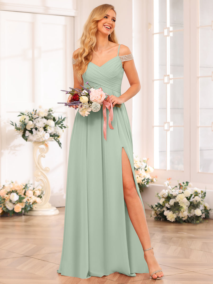 A-Line/Princess Spaghetti Straps Long Wedding Party Dresses with Split Side & Pockets Sage