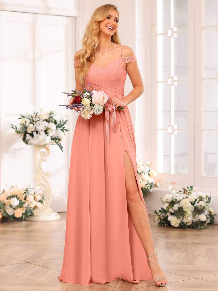 A-Line/Princess Spaghetti Straps Long Wedding Party Dresses with Split Side & Pockets Salmon