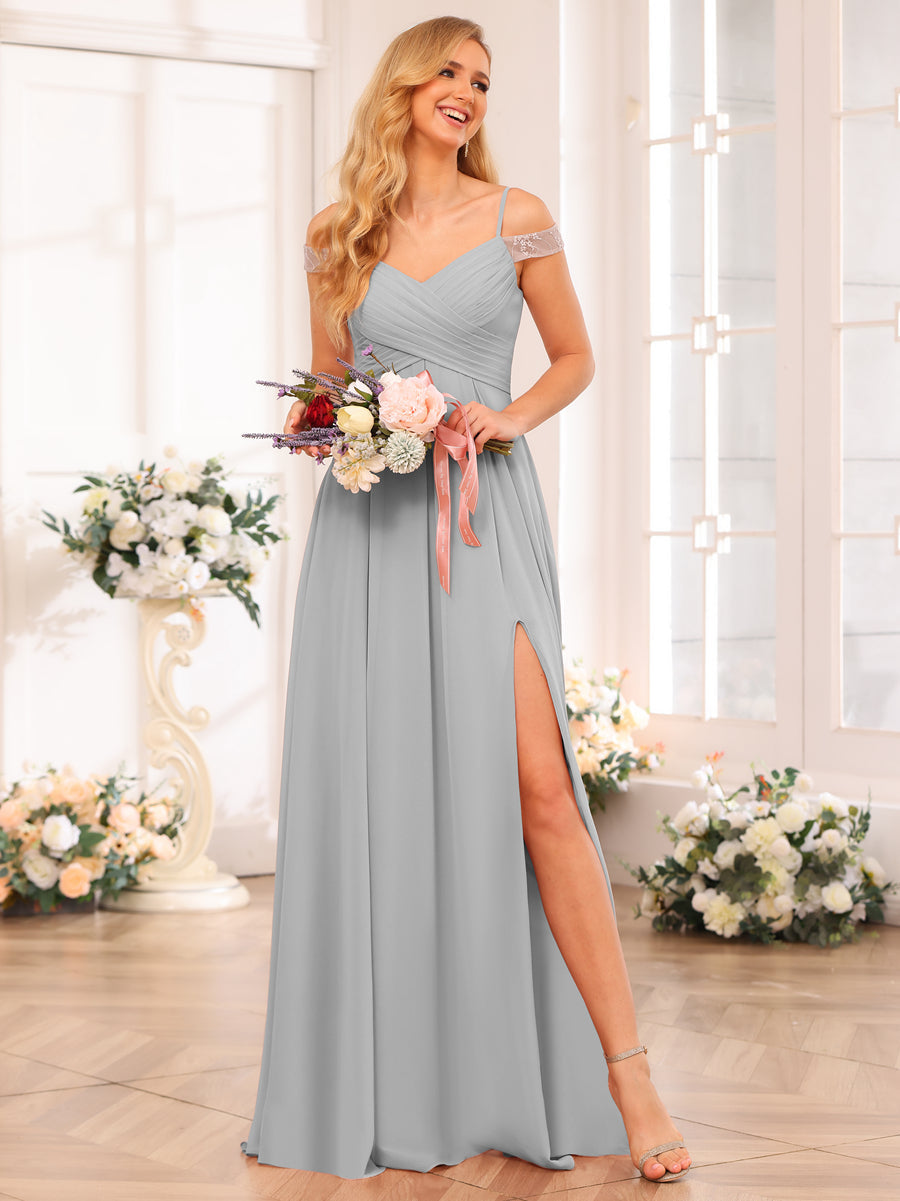 A-Line/Princess Spaghetti Straps Long Wedding Party Dresses with Split Side & Pockets Silver