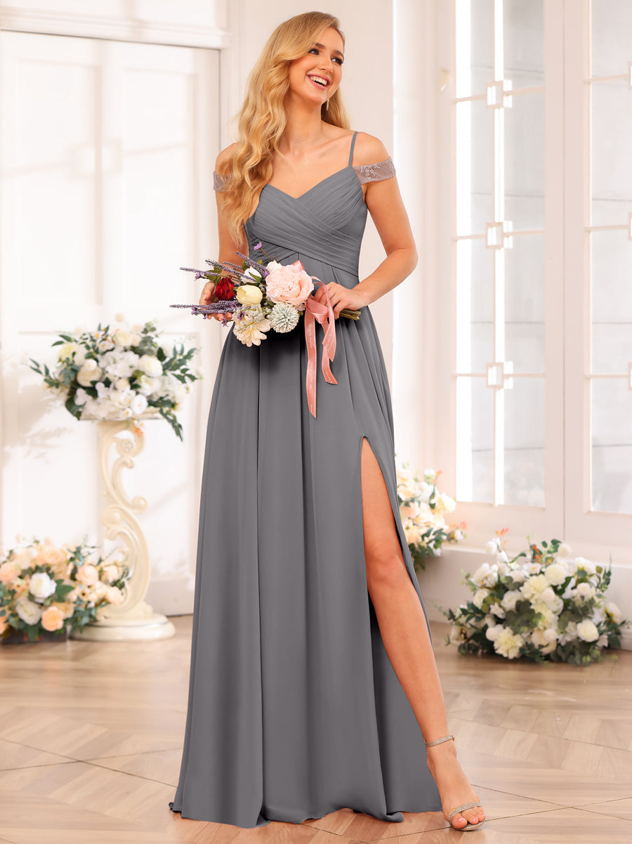 A-Line/Princess Spaghetti Straps Long Wedding Party Dresses with Split Side & Pockets Silver Gray