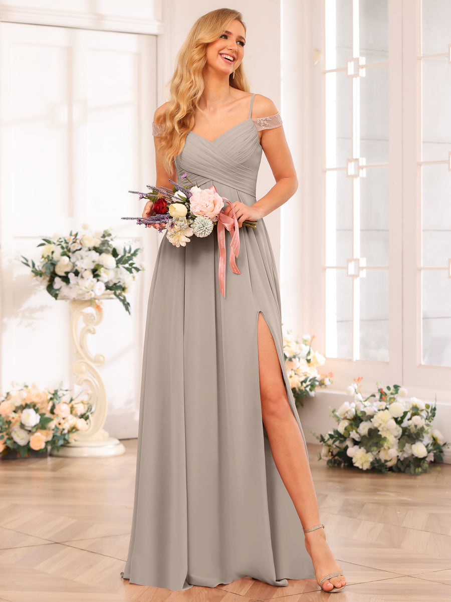 A-Line/Princess Spaghetti Straps Long Wedding Party Dresses with Split Side & Pockets Taupe