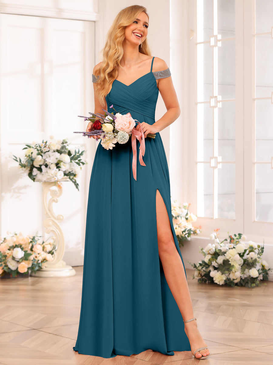 A-Line/Princess Spaghetti Straps Long Wedding Party Dresses with Split Side & Pockets Teal