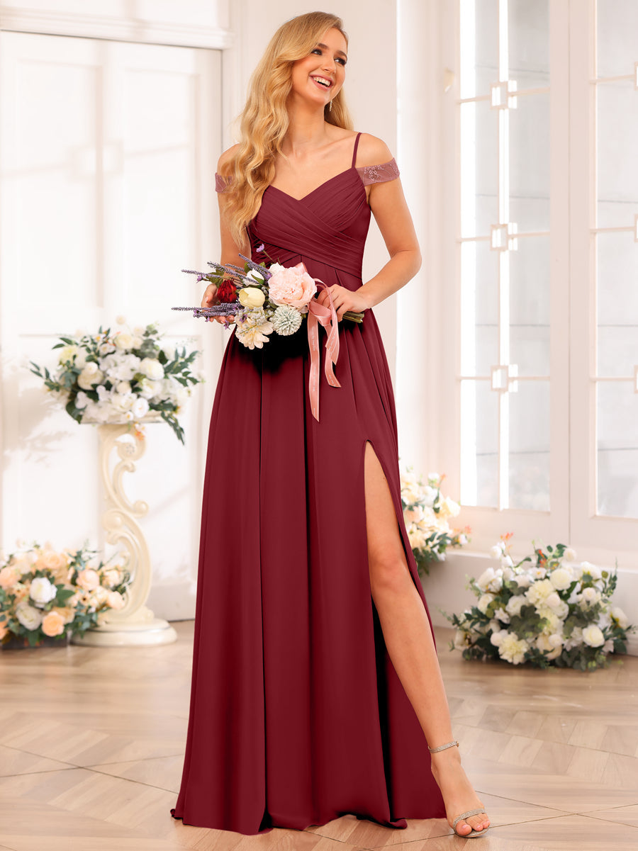 A-Line/Princess Spaghetti Straps Long Wedding Party Dresses with Split Side & Pockets Wine Red