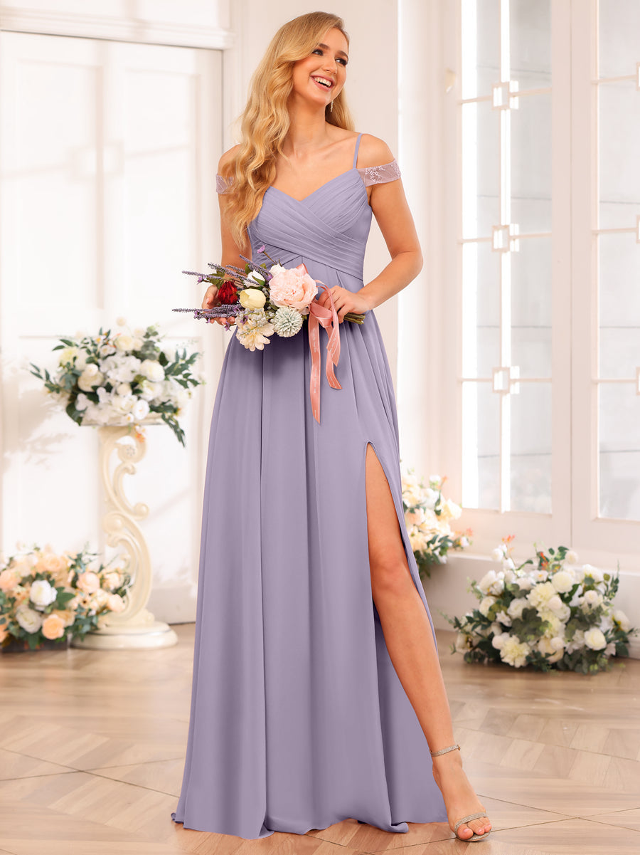 A-Line/Princess Spaghetti Straps Long Wedding Party Dresses with Split Side & Pockets Wisteria