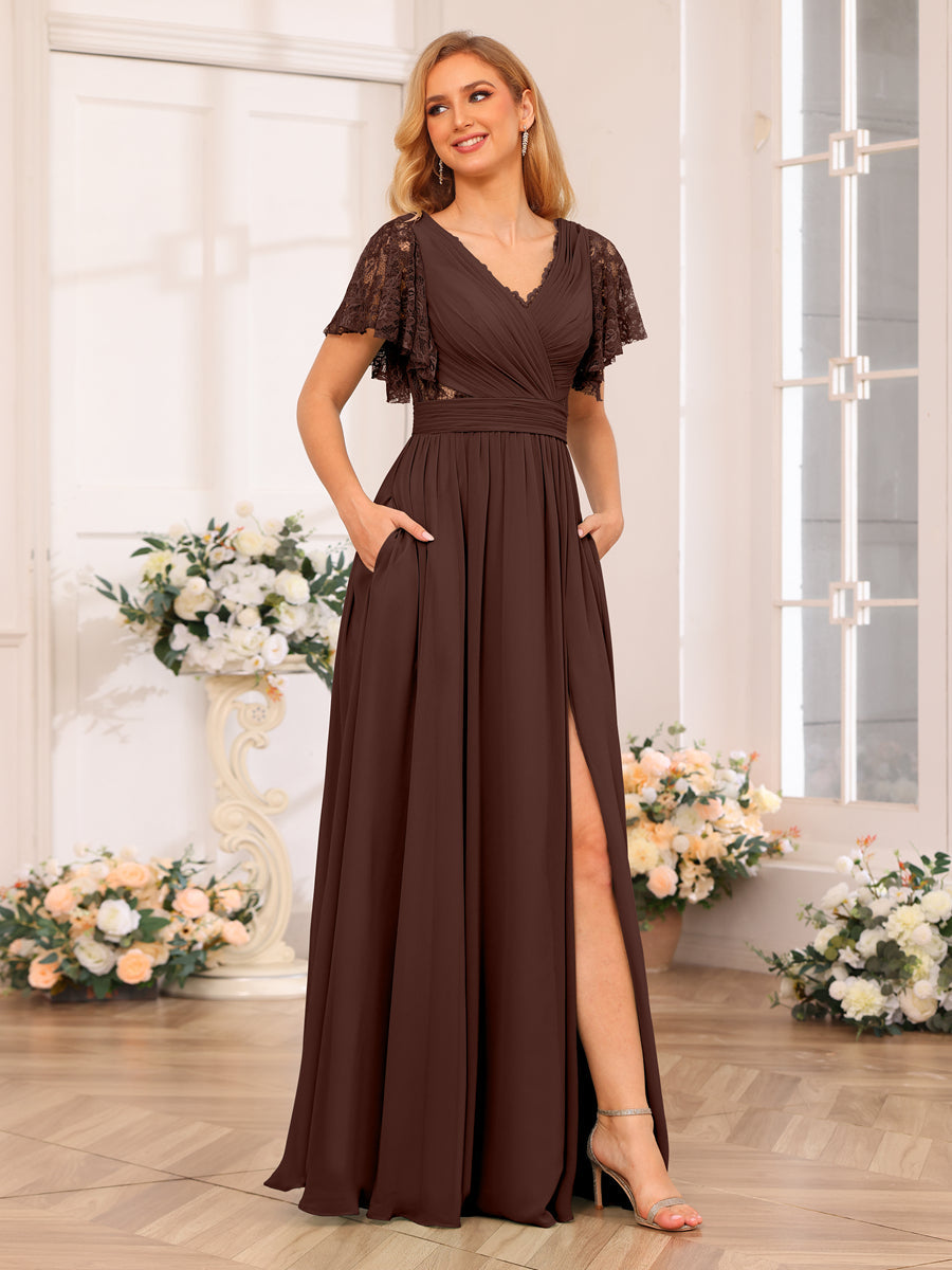 A-Line/Princess V-Neck Long Wedding Party Dresses with Split Side & Pockets Brown