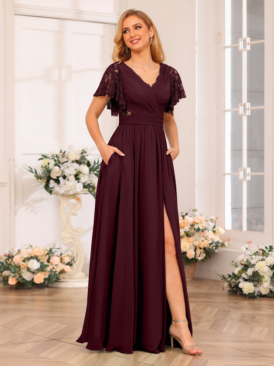 A-Line/Princess V-Neck Long Wedding Party Dresses with Split Side & Pockets Burgundy