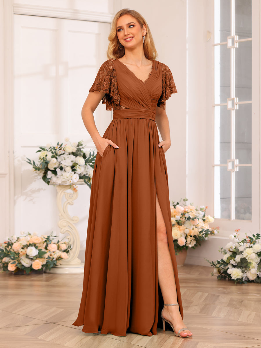 A-Line/Princess V-Neck Long Wedding Party Dresses with Split Side & Pockets Burnt Orange