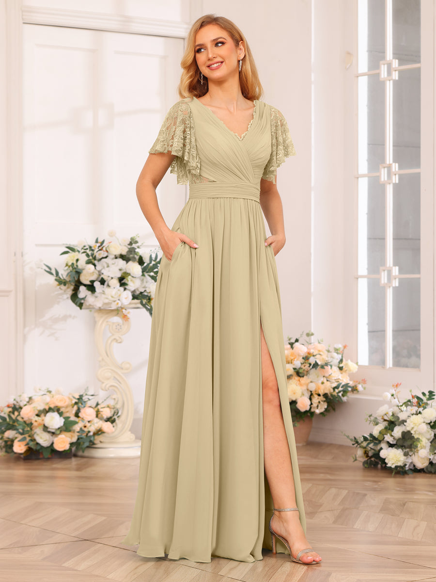 A-Line/Princess V-Neck Long Wedding Party Dresses with Split Side & Pockets Champagne