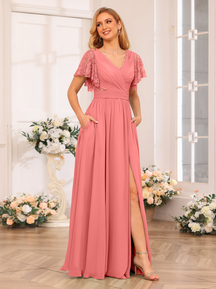 A-Line/Princess V-Neck Long Wedding Party Dresses with Split Side & Pockets Coral