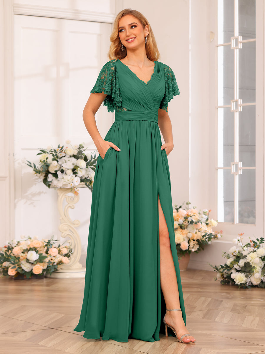 A-Line/Princess V-Neck Long Wedding Party Dresses with Split Side & Pockets Dark Green