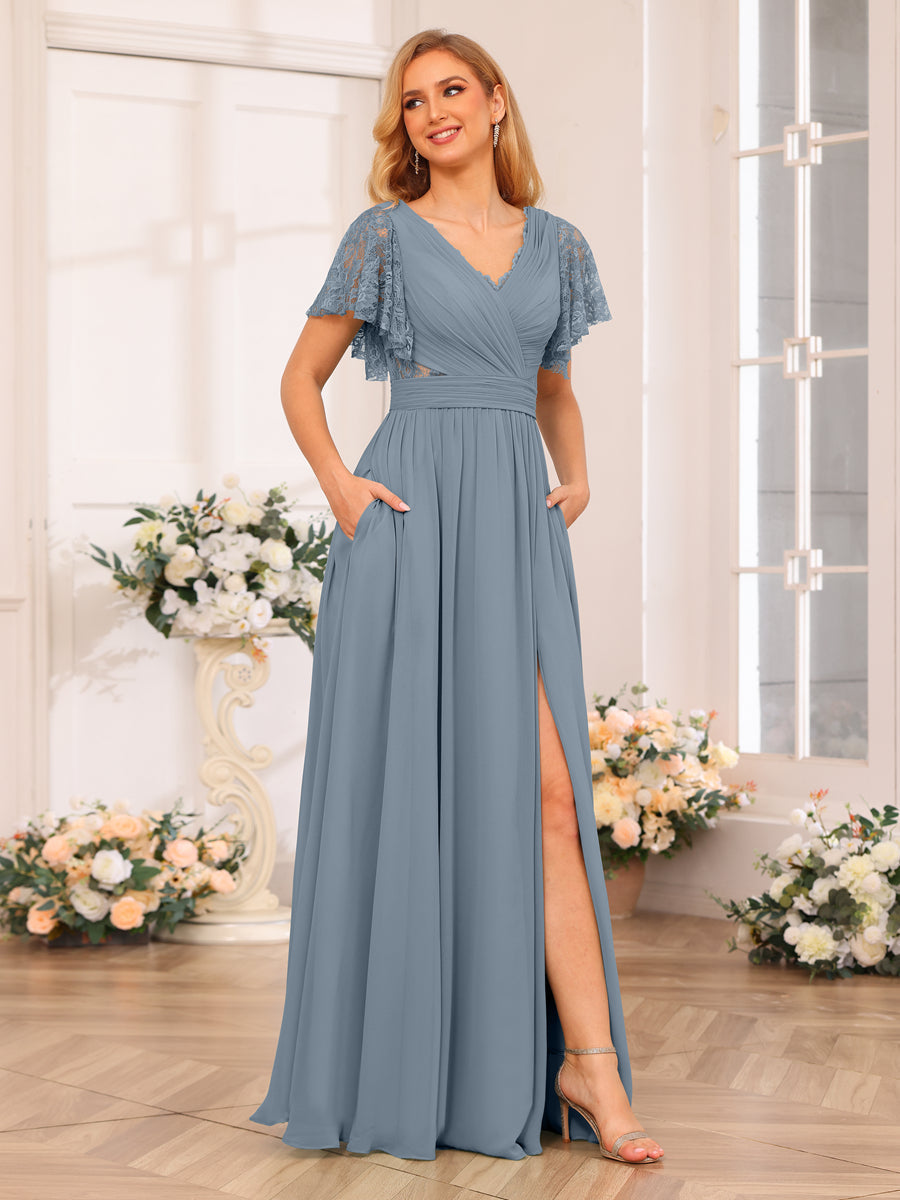 A-Line/Princess V-Neck Long Wedding Party Dresses with Split Side & Pockets Dusty Blue