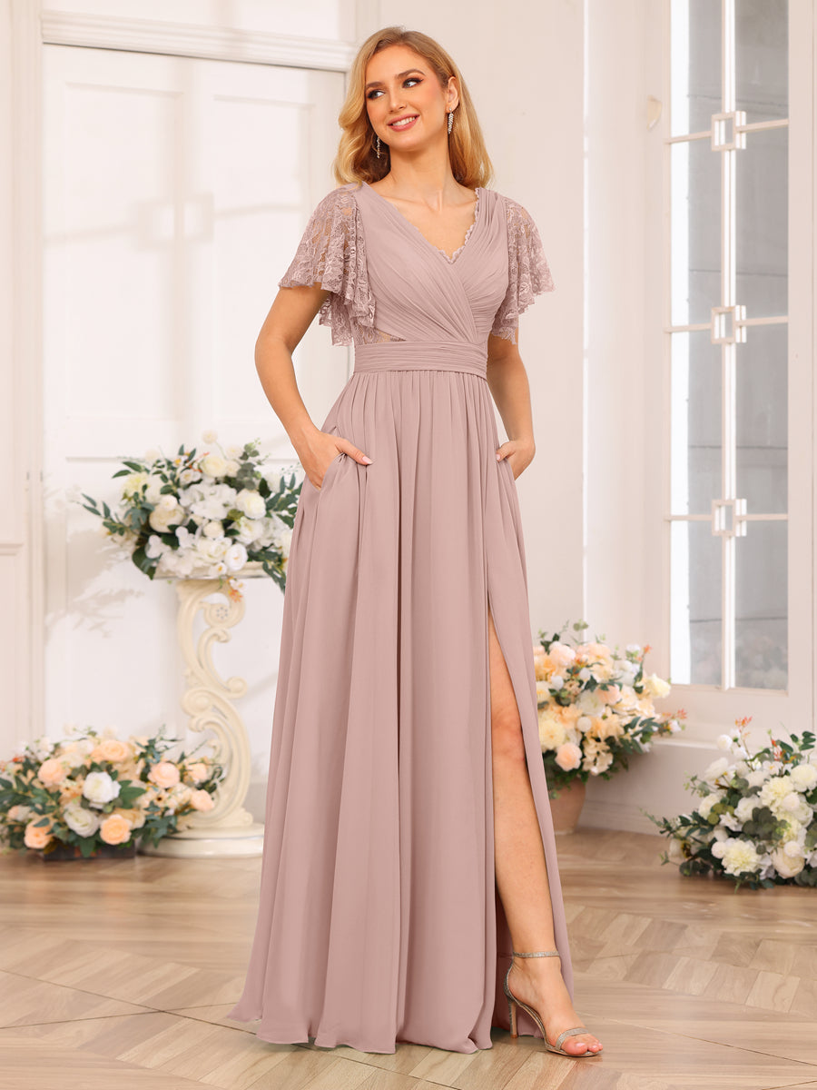 A-Line/Princess V-Neck Long Wedding Party Dresses with Split Side & Pockets Dusty Pink