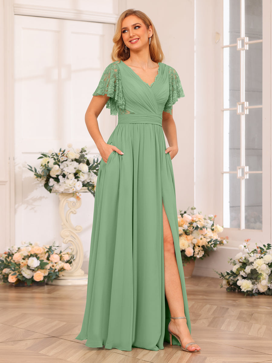 A-Line/Princess V-Neck Long Wedding Party Dresses with Split Side & Pockets Dusty Sage