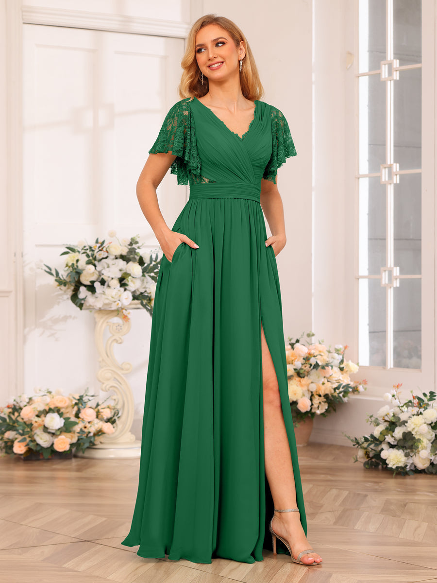 A-Line/Princess V-Neck Long Wedding Party Dresses with Split Side & Pockets Emerald