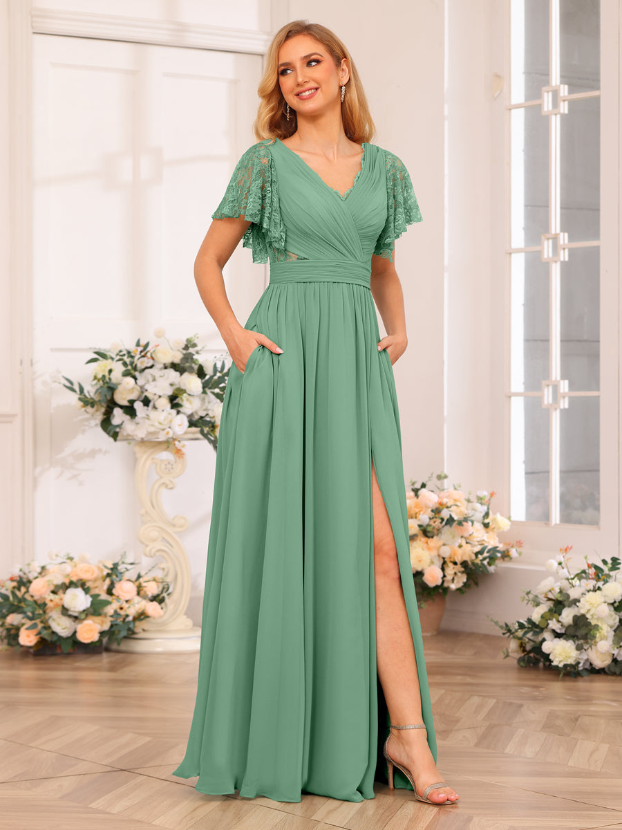 A-Line/Princess V-Neck Long Wedding Party Dresses with Split Side & Pockets Eucalyptus