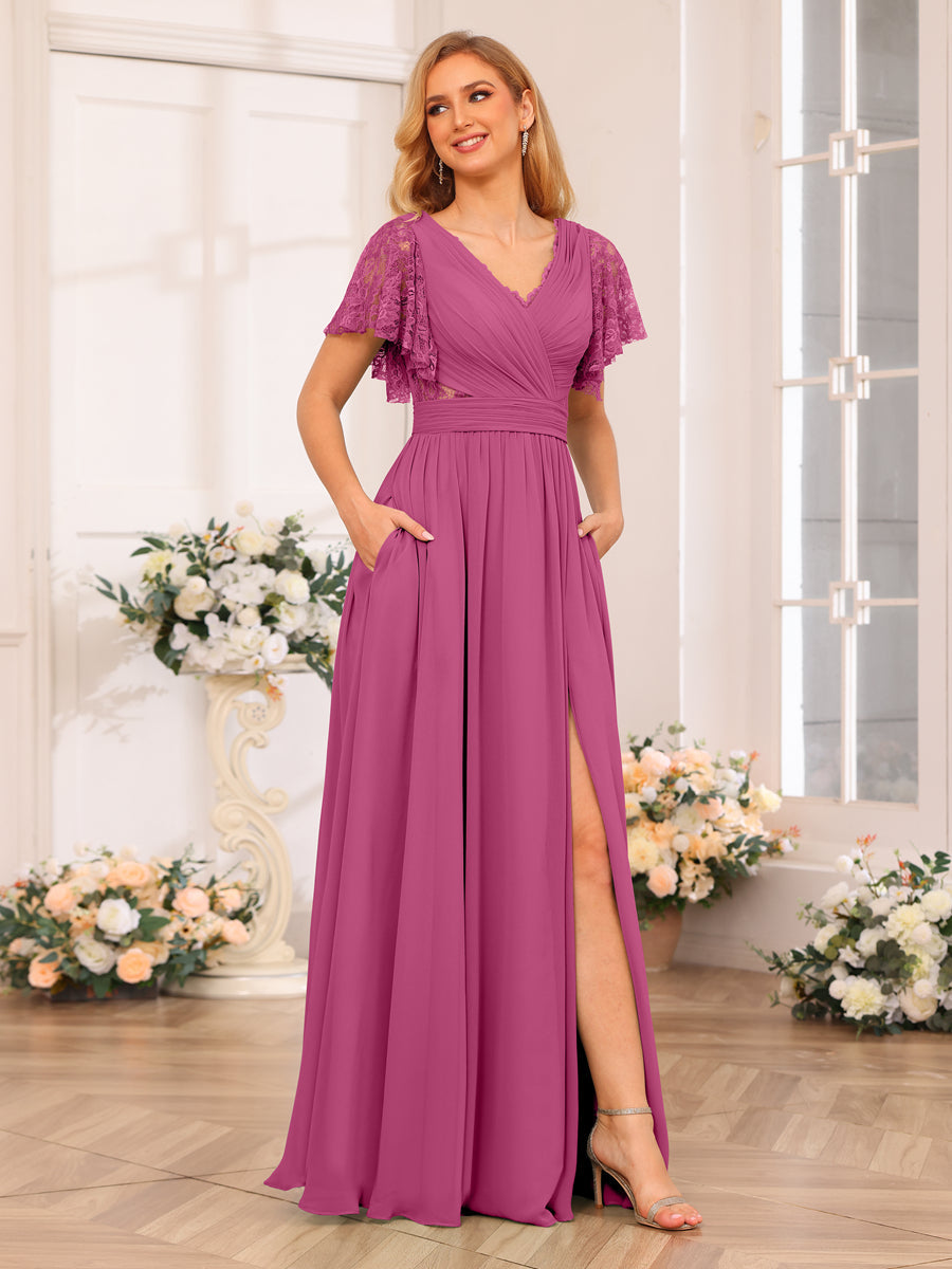 A-Line/Princess V-Neck Long Wedding Party Dresses with Split Side & Pockets Fuchsia