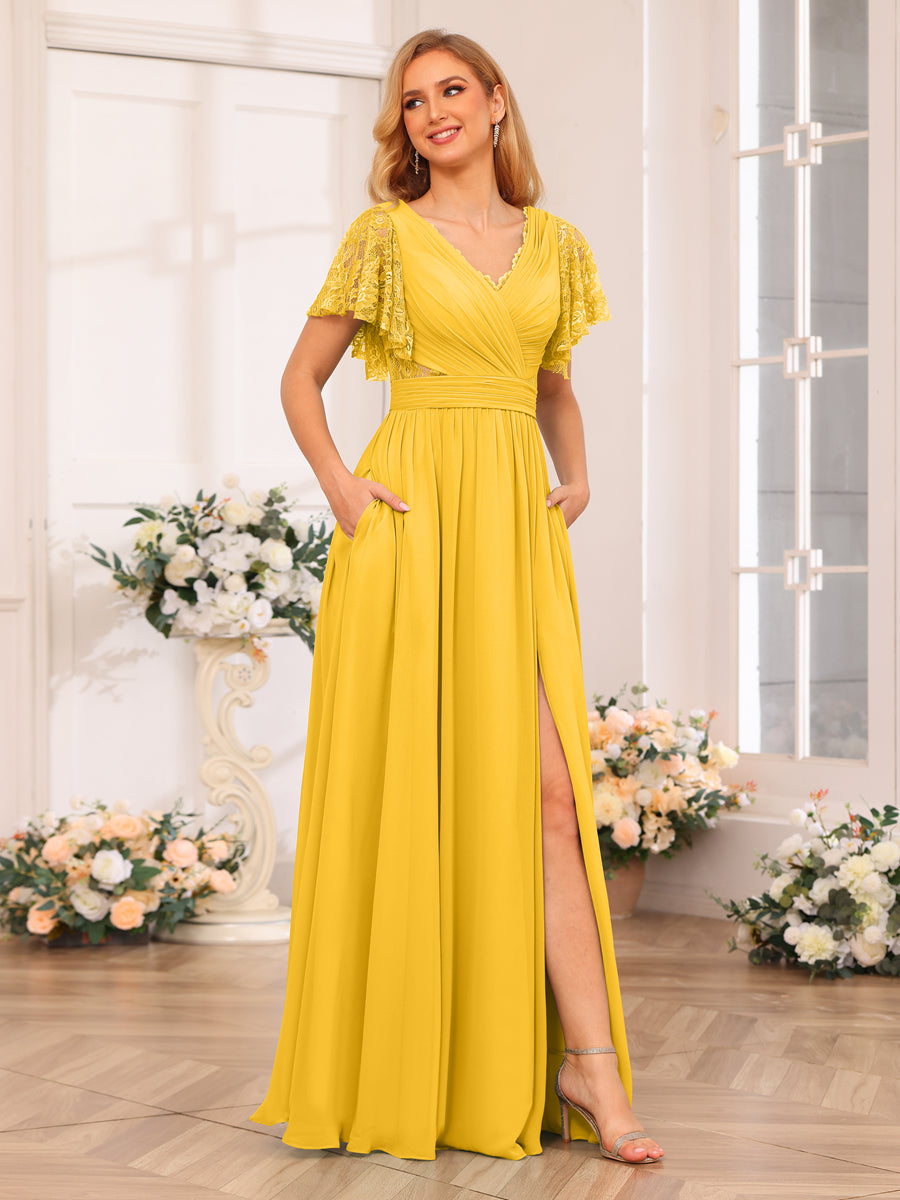 A-Line/Princess V-Neck Long Wedding Party Dresses with Split Side & Pockets Gold